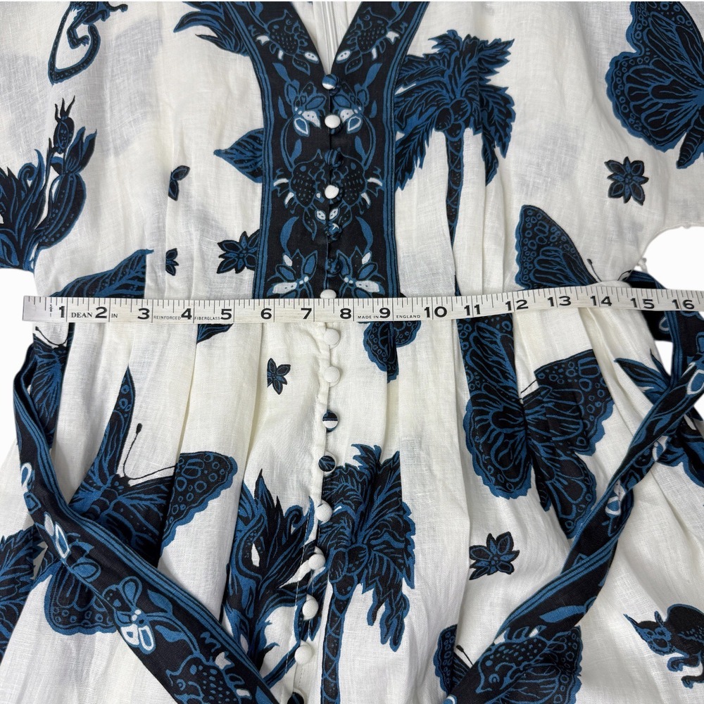 BANANA REPUBLIC Linen Balloon Sleeve Mini Dress Blue Butterfly Palm Print Size 4 - Picture 11 of 15